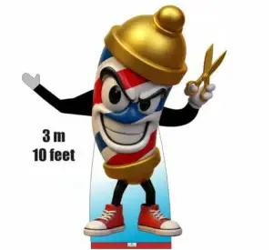 A large, custom-designed Barber Inflatable shaped like a traditional red and white barber pole, shown outdoors advertising a barber shop.